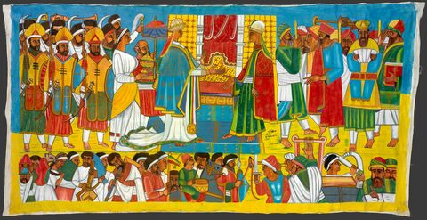 Scene of the meeting of Solomon and the Queen of Sheba, surrounded by their respective attendants by Qes Adamu Tesfaw