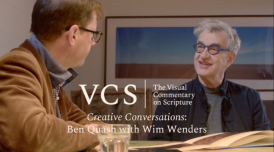 The VCS logo followed by "Creative Conversations: Ben Quash with Wim Wenders" overlaying a photo of the two speakers.